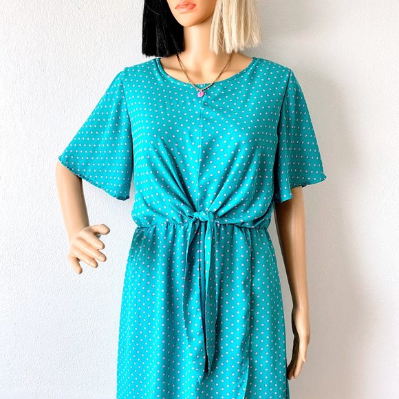 Teal Dress Blue Green Dress Polka Dot Dress Wrap Skirt Dress Pullover Dress | S - Picture 2 of 11